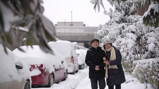 退休老年幸福生活夫妻散步赏雪景晚年生活