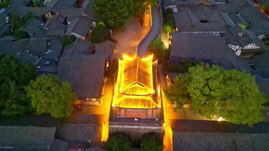 四川阆中古城高视角航拍古建筑街道夜景