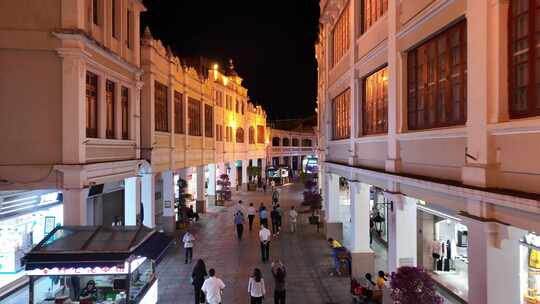 骑楼夜景航拍街道夜晚石岐步行街老建筑风光