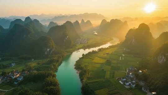 航拍桂林山水日出阳朔漓江梯田喀斯特地貌