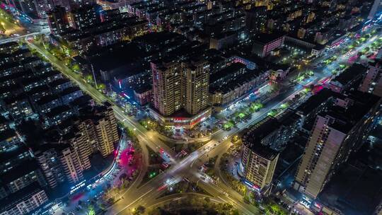 航拍鄂州城市路口夜景全景