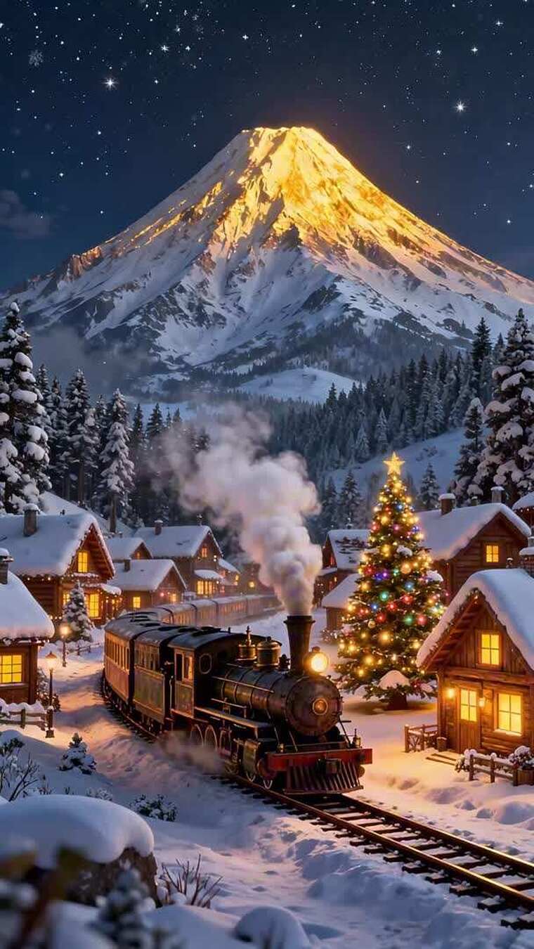 圣诞节雪夜山间小镇的蒸汽火车风景