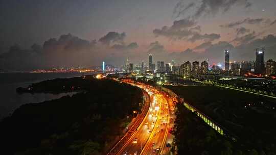 深圳滨河大道车流日落夜景