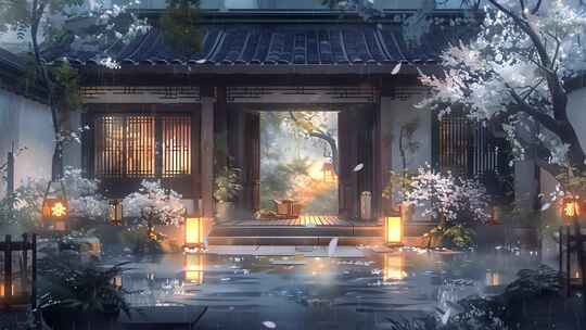 日式古风庭院雨景背景