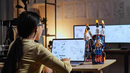 3D打印的亚洲少女在笔记本电脑上设计时检查电子人的手的后视图