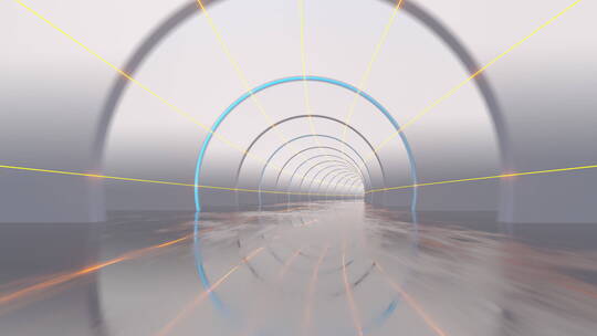 白色圆形隧道与发光光线 3D渲染