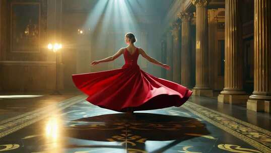 穿红裙舞者在大厅起舞