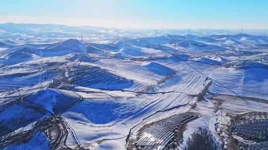 冬季承德丰宁坝上风电蓝天白云雪景航拍