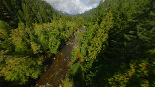 FPV无人机飞越加拿大山区景观和河流