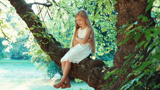 女孩坐在树上伤心