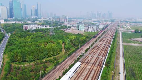 航拍杭州萧山开发区高速电气化铁路
