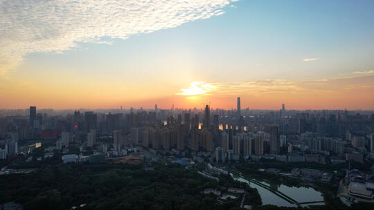 航拍武汉天际线高楼夕阳晚霞落日天空