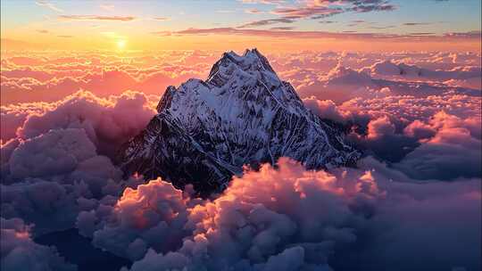 唯美雪山航拍日照金山日出云海早晨清晨风景