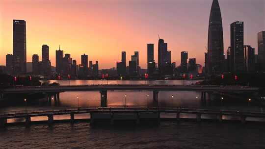 深圳湾城市晚霞夜景航拍