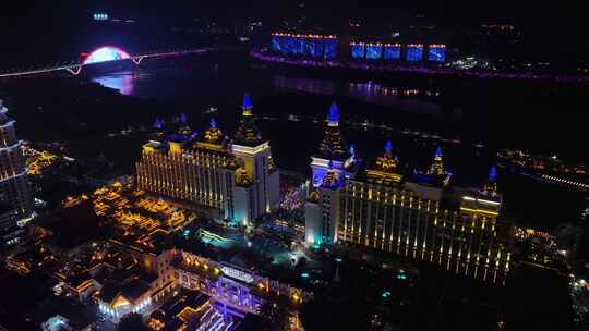 西双版纳景洪市湄公河酒店航拍夜景风光