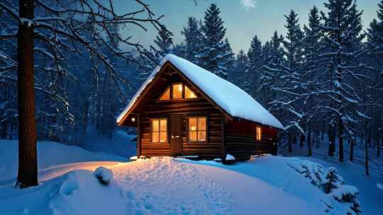 雪中木屋夜景，静谧森林中的温馨小屋