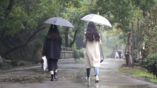 公园雨中时尚美女打伞的背影