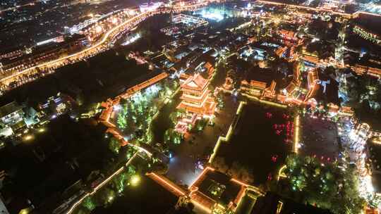 山东枣庄台儿庄古城夜景航拍