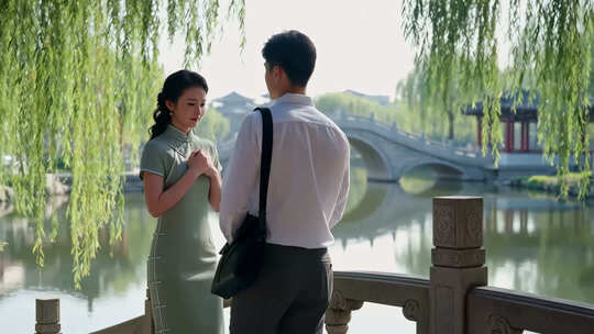 园林古桥边的邂逅