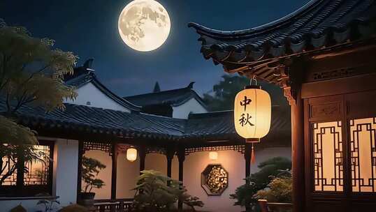 中秋节古建筑挂红灯笼月亮月饼场景素材