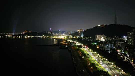 广州珠海日月贝大剧院情侣路海滩夜景航拍