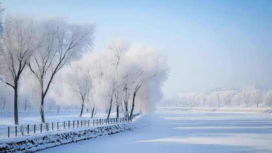 冬日里冰雪覆盖的河岸雪景雪地雪松树林桥