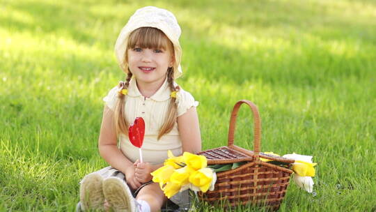 女孩在草地吃棒棒糖