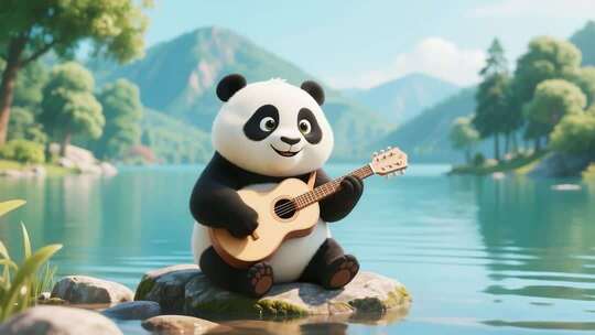 卡通熊猫湖边弹吉他场景