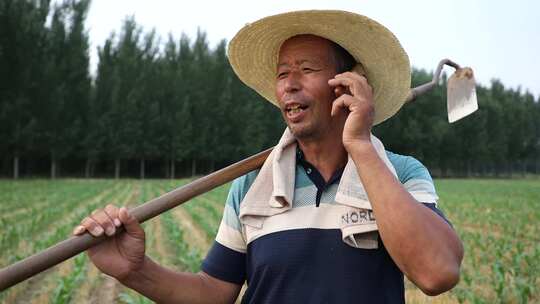 农民田间地头打电话聊天玩手机