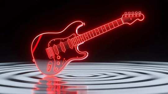红色霓虹吉他3D渲染素材