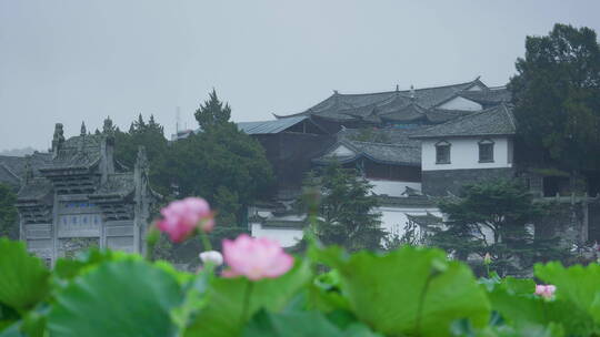 雨中一只白鹭从和顺古镇的牌坊飞过荷塘