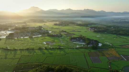 中国侨乡广东台山乡村稻田山脉山峰日出航拍