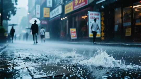 雨天街道行人撑伞行走画面