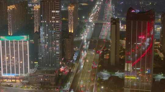 江西南昌红谷滩区夜晚夜景航拍车流交通城市视频素材模板下载