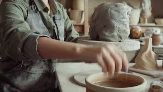 女人在陶瓷粘土上沾水