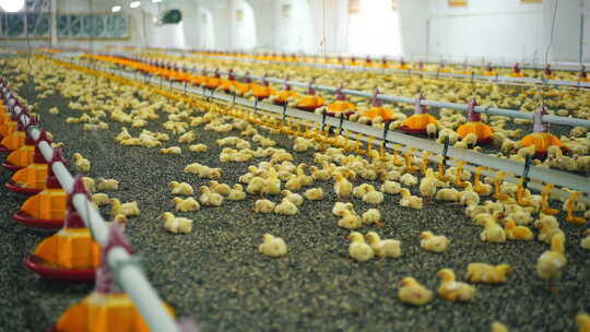 现代化的家禽养殖场内部有许多小鸡