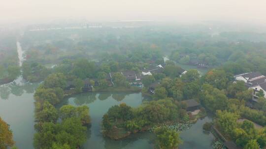 杭州西溪湿地公园初秋晨曦晨雾航拍