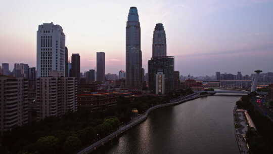 天津海河建筑风景线日落城市风光航拍