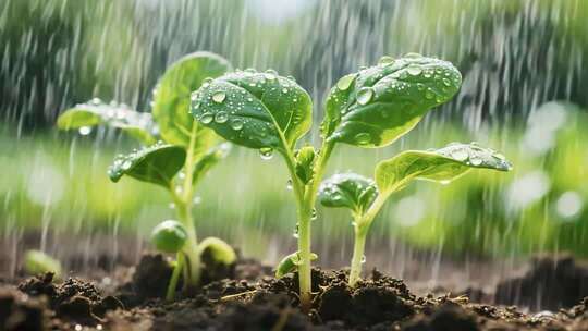 雨中幼苗生长特写素材