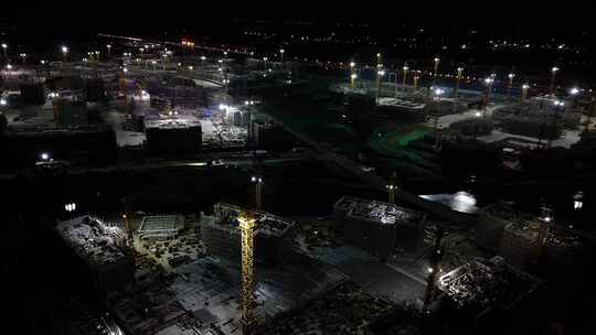 工地航拍 建筑工地 吊机 夜景建筑工地