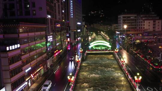 川藏318康定桥河水-夜景航拍视频素材