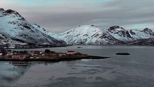 4K航拍北欧挪威罗弗敦群岛雪景风光