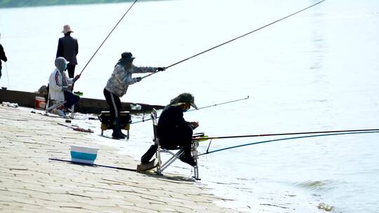 武汉洪山江滩公园江边钓鱼4K视频合集视频素材模板下载