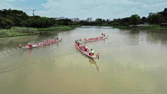 广州塔下文化馆旁海珠湖上儿童龙舟航拍视频