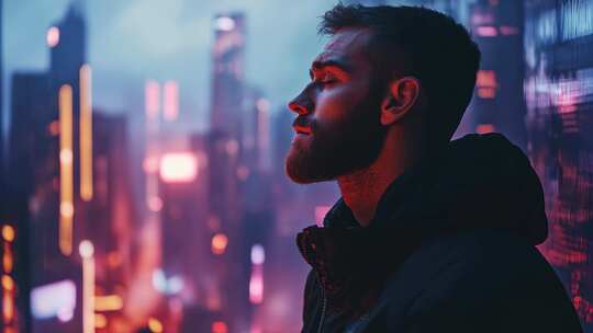 眺望未来都市夜景进行深度思考的男性