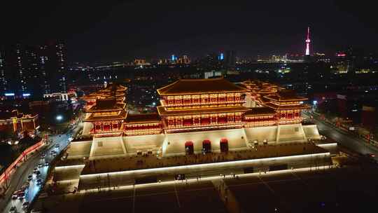 洛阳旅游城市隋唐洛阳城景区应天门夜景航拍