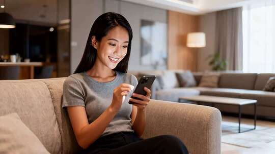 女子坐沙发上使用手机