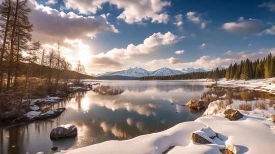 雪山湖泊森林冬日风光