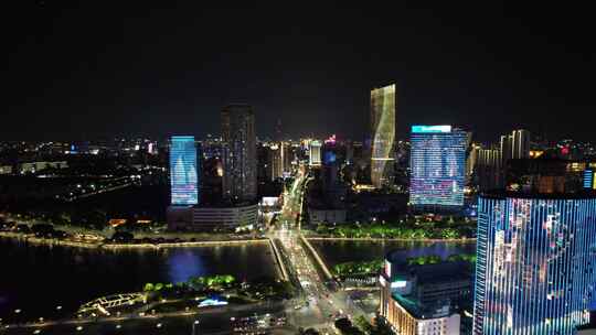 浙江宁波城市夜景灯光航拍