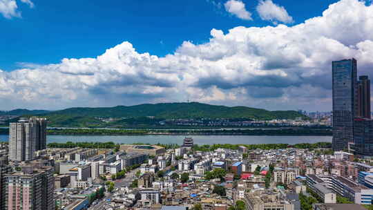 长沙城市杜甫江阁岳麓山晴空万里航拍延时